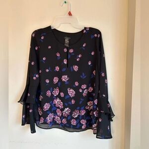 Ann Taylor Factory Sheer  Floral Ruffled Sleeve Blouse. Size Small.